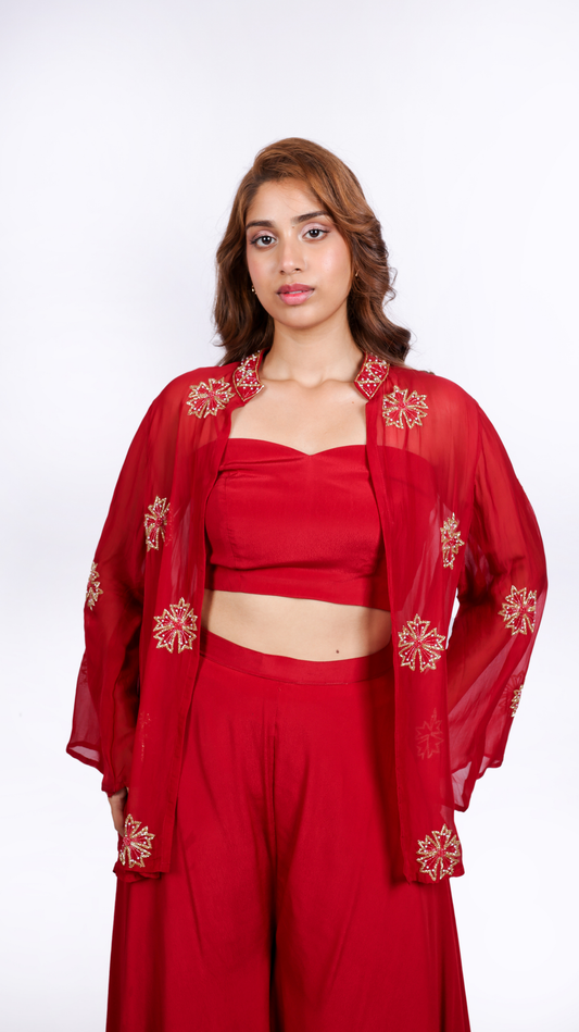 Crimson Veil by Cascades: Embroidered Cape set with pants