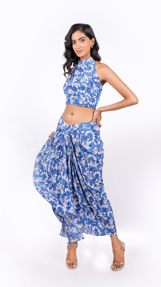 Blue Leaf-Print Halter Crop Top & Skirt Co-ord Set