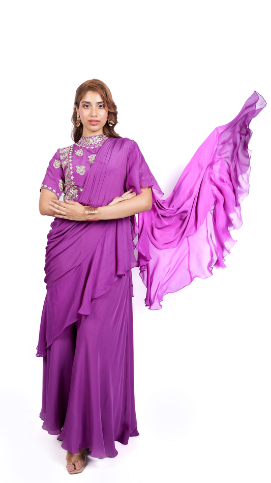 Zyra by Cascades: Purple Embroidered Drape saree set