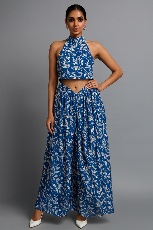 Blue Leaf-Print Halter Crop Top & Skirt Co-ord Set