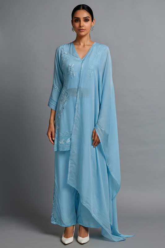 Powder Blue Embroidered Draped Kurta Set – Estonia