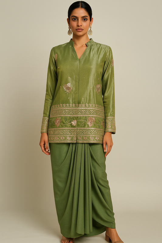 Olive Green Embroidered Kurta with Draped Pants – Estonia