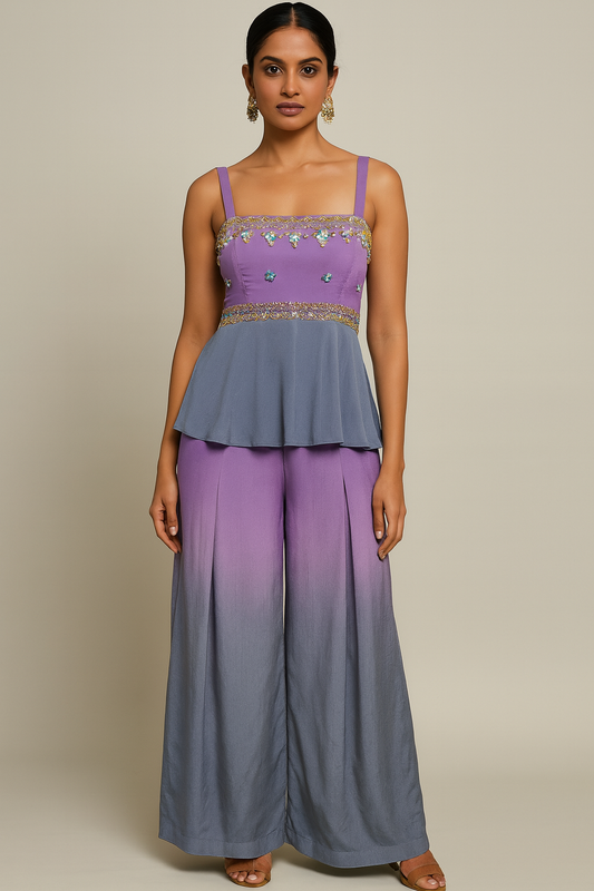Ombre Embellished Peplum Top & Wide-Leg Pants – Estonia